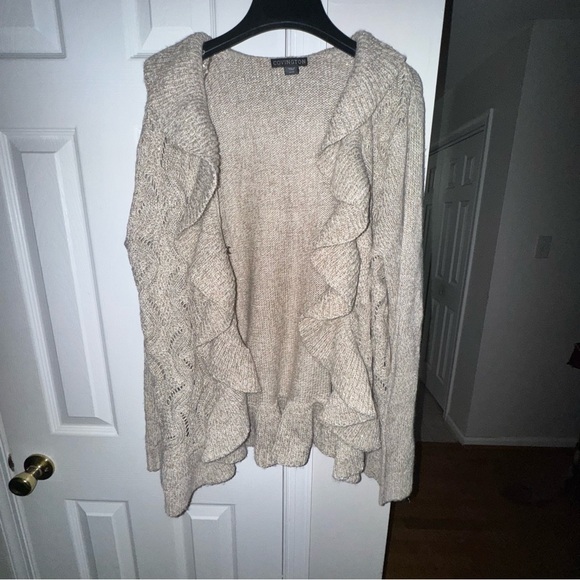 Covington Sweaters - Covington Women's XL Open Front Ruffle Cardigan Oatmeal Beige Metallic Knit